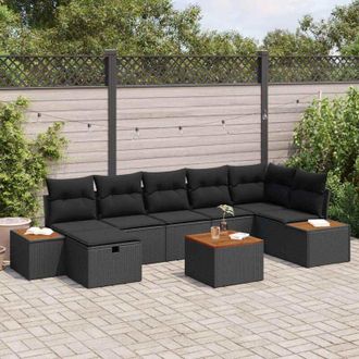 vidaXL Conjunto De Sof&aacute; De Jard&iacute;n 8 Pcs Negro Rat&aacute;n Sint&eacute;tico