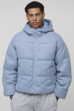 Boohooman Mens Oversized Fit Knitted Hooded Puffer Jacket - Light Blue - Size X-Small
