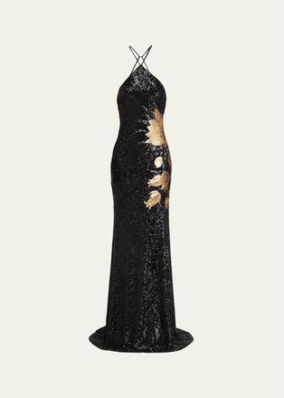 Naeem Khan Halter Floral Stretch Sequined Trumpet Gown