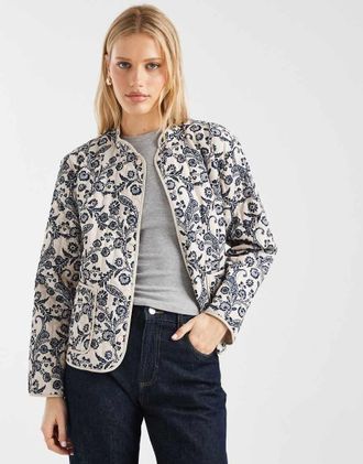 Vero Moda Giacca trapuntata con stampa a fiori crema e blu-Bianco