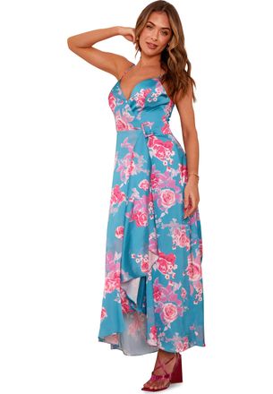 Chi Chi London Womens Cami Floral Wrap Midi Dip Hem Dress in Green Cocktail, 8