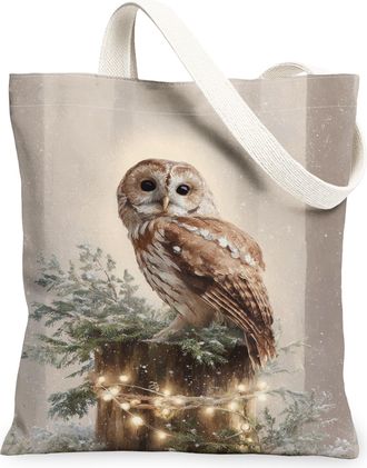Generic Winter Owl Canvas Tote Bags, Nature Inspired Lightweight Washable Grocery Bags, Cozy Rustic Design Reusable Shoulder Strap, Brown, 13x15 Inch