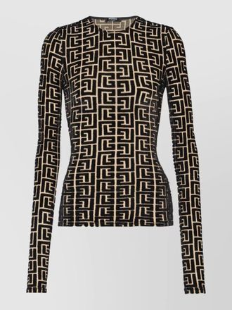 Balmain monogram velvet long-sleeve fitted top
