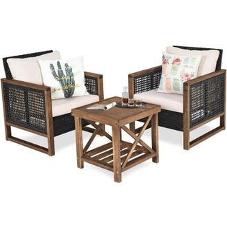 Costway Costway Conjunto De Muebles De Rat&aacute;n De Jard&iacute;n De 3 Piezas, Mesa De Caf&eacute; De Madera De Acacia Y 2 Sillas De Rat&aacute;n Pe, Terraza, Patio