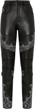 Philipp Plein Leren Lange Broek Paisley Bandana - Dames - Leren Broeken - Zwart - M - Leer - Broeken