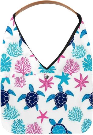 Generic Sea Turtle Tortoise Coral (3) Reusable Lightweight Grocery Bags - Foldable Into Compact Pouch, Washable & Sturdy, Multipurpose for Shopping and Travel