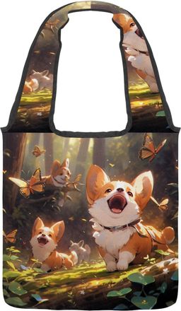 Generic Cute corgi Puppy Reversible Canvas Shoulder Tote - Double-Sided Print, 12oz Cotton, 27cm Drop, Fold-Flat Bag for Travel, Shopping, Street Outings