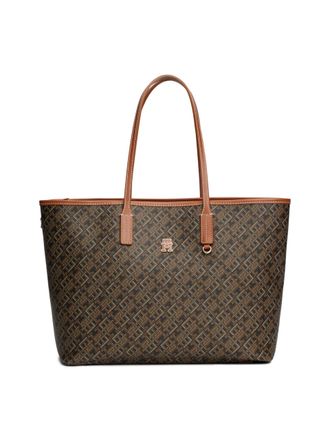 Tommy Hilfiger Womens Monogram Leather Tote with Zipper Pocket Bag, Black/Tan Mix, One Size