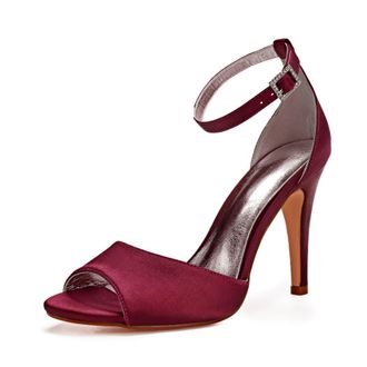 Generic Wedding Shoes Womens Heels High Heels Satin Bridal Shoes Stiletto Ankle Strap Open Toe High Heels Sandals10.5 Cm,Burgundy,7 UK
