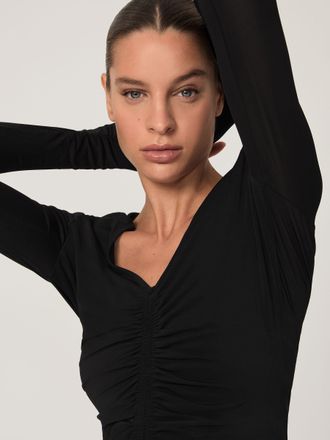 Reiss Black Ruched Mesh V-neck Top, XS