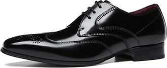 Generic Dress Formal Shoes for Men Lace Up Square Toe Brogue Embossed Wing tip Leather Low Top Anti-Slip Block Heel Business(Black,6.5 UK)