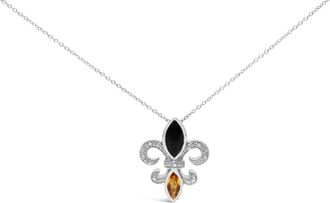 House of Brilliance 925 Sterling Silver Marquise Onyx and Citrine and Diamond Accent Fleur De Lis Pendant Necklace