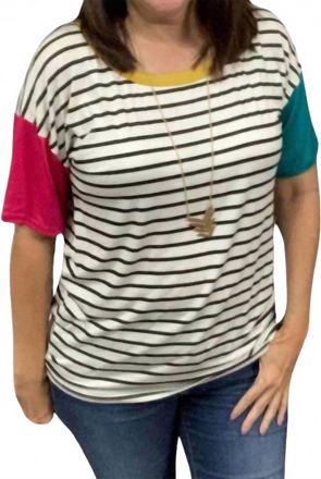 Bibi Womens Striped Tee Top In Fuchsia/teal/mustard