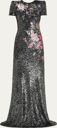 Naeem Khan Floral Applique Stretch Sequin Cap-Sleeve Gown