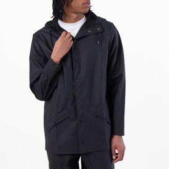Rains Black Waterproof Hooded Rain Jacket, Size X-Large