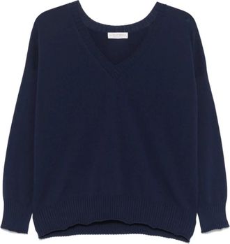 Le Tricot Perugia Navy Blue Katoenen Trui met Geribbelde V-hals - Dames - V-hals truien - Blauw - S - Katoen - Truien & Vesten