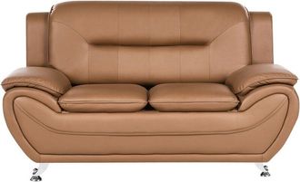 Beliani 2 Seater Sofa Golden Brown Vegan Eco Leather Loveseat Arms Silver Metal Legs Easy Clean Modern Glam Style Living Room LEIRA