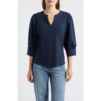 Wit & Wisdom Mixed Media Puff Sleeve Top in Navy at Nordstrom, Size X-Large