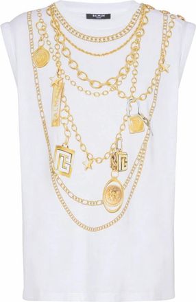 Balmain Trope-loeil-stijl Collier print vest top - Dames - Tops zonder mouwen - Wit - M - Katoen - Tops