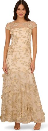 Adrianna Papell Womens Floral Embroidered Godet Gown - Beige - Size 14 UK