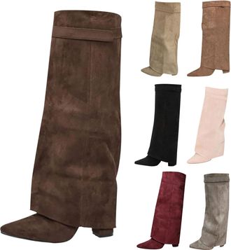 Generic Fold Over Boots for Womens Pointed Toe Knee High Boots with Side Zippers Ladies Suede Chunky High Heels Shoes Fall Winter Slouchy Pull on Tall Boot fo