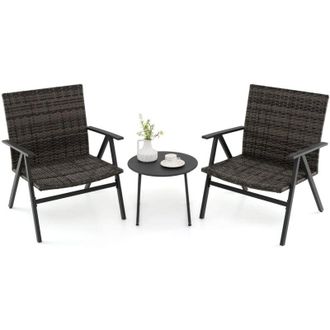 Costway Set da bistrot da giardino a 3 pezzi, poltrone relax con struttura in metallo e tavolino rotondo con seduta e schienale in rattan