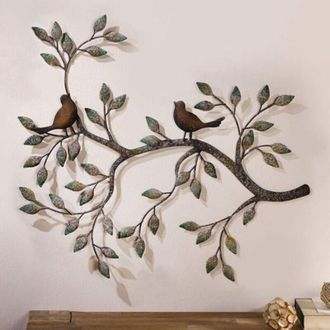 OEM Escultura De Pared De Metal Con P&aacute;jaros En Ramas - Decoraci&oacute;n Retro De Hierro Pintado - 58x48cm Para Un Interior C&aacute;lido