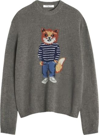 Maison Kitsun&eacute; Dressed Fox Geborduurde Trui - Heren - Ronde hals truien - Grijs - XL - Wol - Truien & Vesten