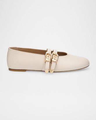 Stuart Weitzman Maven Leather Dual Buckle Mary Jane Ballerina Flats