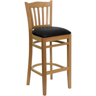 Flash Furniture Vertical Slat Back Natural Wood Restaurant Barstool - Black Vinyl Seat