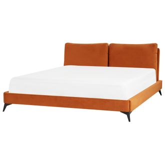 Beliani Cama Con Somier De Terciopelo Naranja Negro 180 X 200 Cm Base De Listones Melle