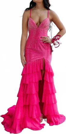 Sherri Hill Womens Chiffon Ruffle Hot Fix Skirt With Slit Prom Dress In Bright Fuchsia