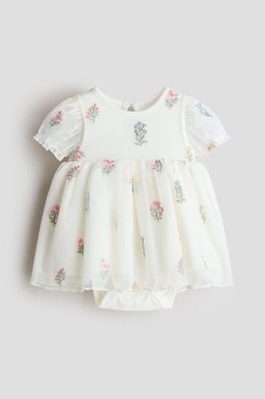 H&M Embroidered tulle bodysuit dress in White/floral at Nordstrom, Size 0-3M