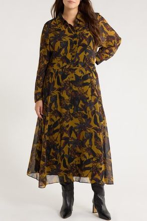 Nordstrom Floral Long Sleeve Maxi Shirtdress in Black Multi Quynh Bloom at Nordstrom, Size 1X