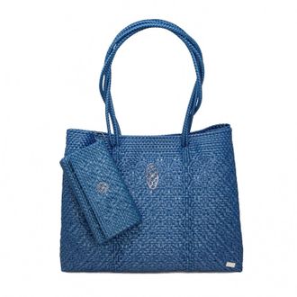 Lola's Bag Womens Travel Woven Tote Bag With Clutch In Denim Blue