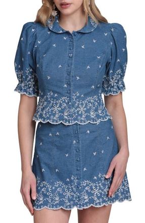 Avec Les Filles Embroidered Puff Sleeve Scallop Crop Chambray Shirt in Needle Blue at Nordstrom, Size X-Small