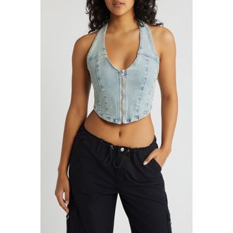PacSun Corset Denim Crop Halter Top in Hazy Blue Indigo at Nordstrom, Size Medium