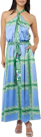 Ciebon Leche Scarf Print Halter Neck Satin Maxi Dress in Blue Multi at Nordstrom, Size X-Small