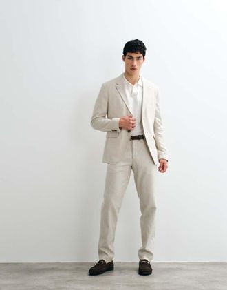 Jack & Jones Premium - Pantaloni da abito slim in misto lino beige in coordinato-Neutro