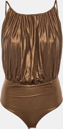 Elisabetta Franchi Bronze Metallic Jersey Bodysuit Top