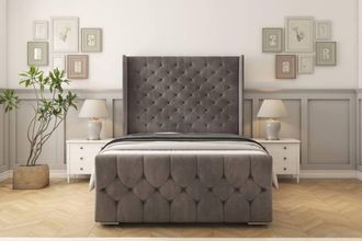 Sloomy Luthor Naples Frame-Mattress - 50 Upholstered Wingback Headboard in Grey | Size: Small Double