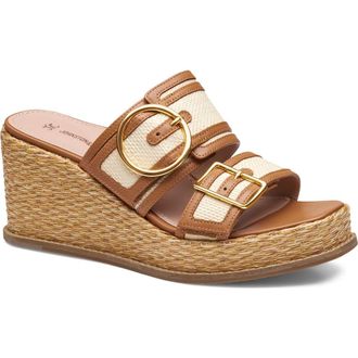 Johnston & Murphy Mallory Double Buckle Platform Wedge Sandal in Natural Raffia at Nordstrom, Size 9.5