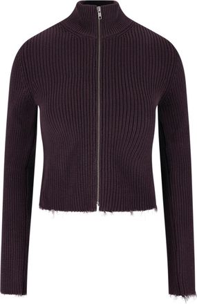 Maison Margiela Ribbed Zip-Up Cardigan With High Collar And Distressed Edges