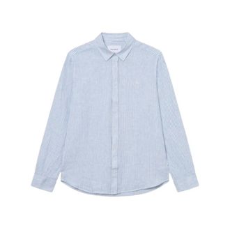 Les Deux Gestreept linnen overhemd wit blauw - Heren - Casual Overhemden - Blauw - M - Linnen - Overhemden
