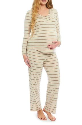 Everly Grey Laina During & After 2-Piece Maternity/Nursing Sleep Set in Mocha Stripe at Nordstrom, Size Medium