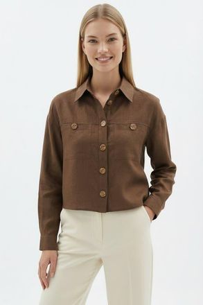 Exquise Seleneelle Long Sleeve Linen Crop Jacket in Brown at Nordstrom, Size Xx-Large