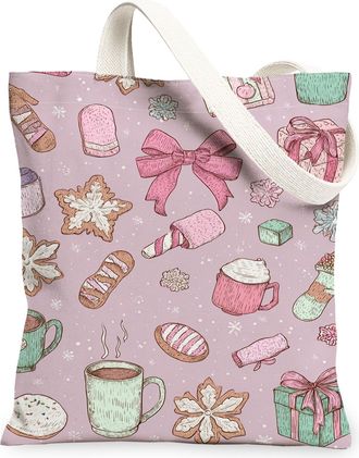 Generic Winter Sweets Canvas Tote Bags, Cute Dessert Pattern Reusable Grocery Bags, Holiday Vintage Lightweight Washable Shoulder S, Peach, 13x15 Inch