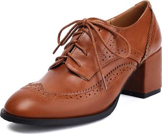Generic Womens PU Leather Brogue Derbys Lace-Up Vintage Oxford Shoes Chunky High Heel Office Shoes,Brown,3.5 UK