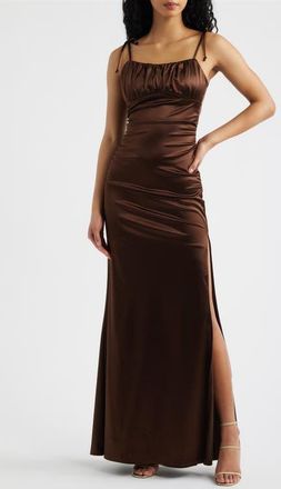 Emerald Sundae Emma Ruched Tie Strap Satin Gown in Chocolate at Nordstrom, Size X-Small