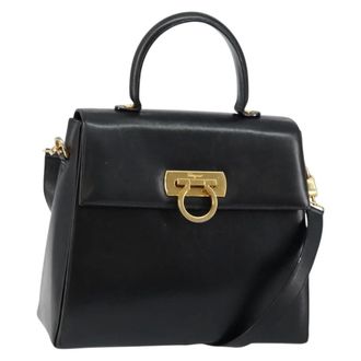 Ferragamo Gancini Convertible Top Handle Leather Black Leather Handbag (Pre-Owned)
